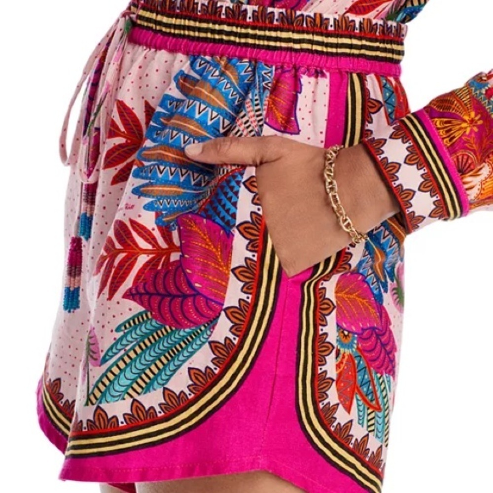 NWT FARM Rio Multicolored Floral Tropical Print Shorts Beaded Tie Detail Pockets - Picture 1 of 12